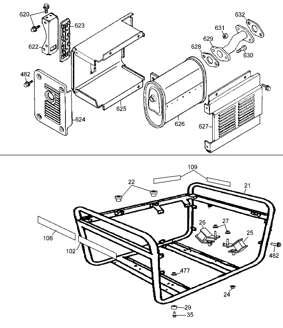 Muffler & Frame Diagram and Parts List for PCI2800-AR Type 1 Porter Cable Generator